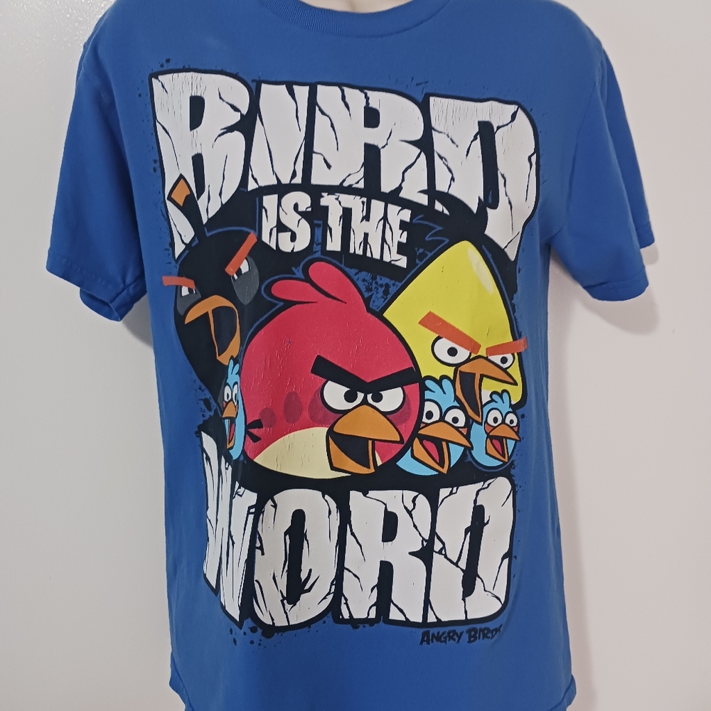 Angry Bird short sleeve crew neck pullover graphic tee, size small, color blue
